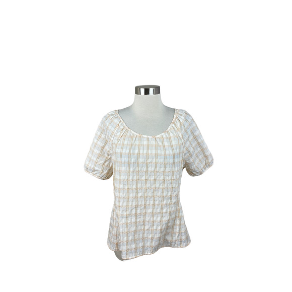 J Crew NEW Women's V Back Puff Sleeve Textured Plaid Top Blouse Size 12 - Picture 1 of 3